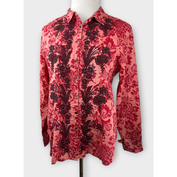 Sundance Embroidered Beaded Floral Button Up Shirt Long Sleeve Cotton XL Top - Picture 2 of 14